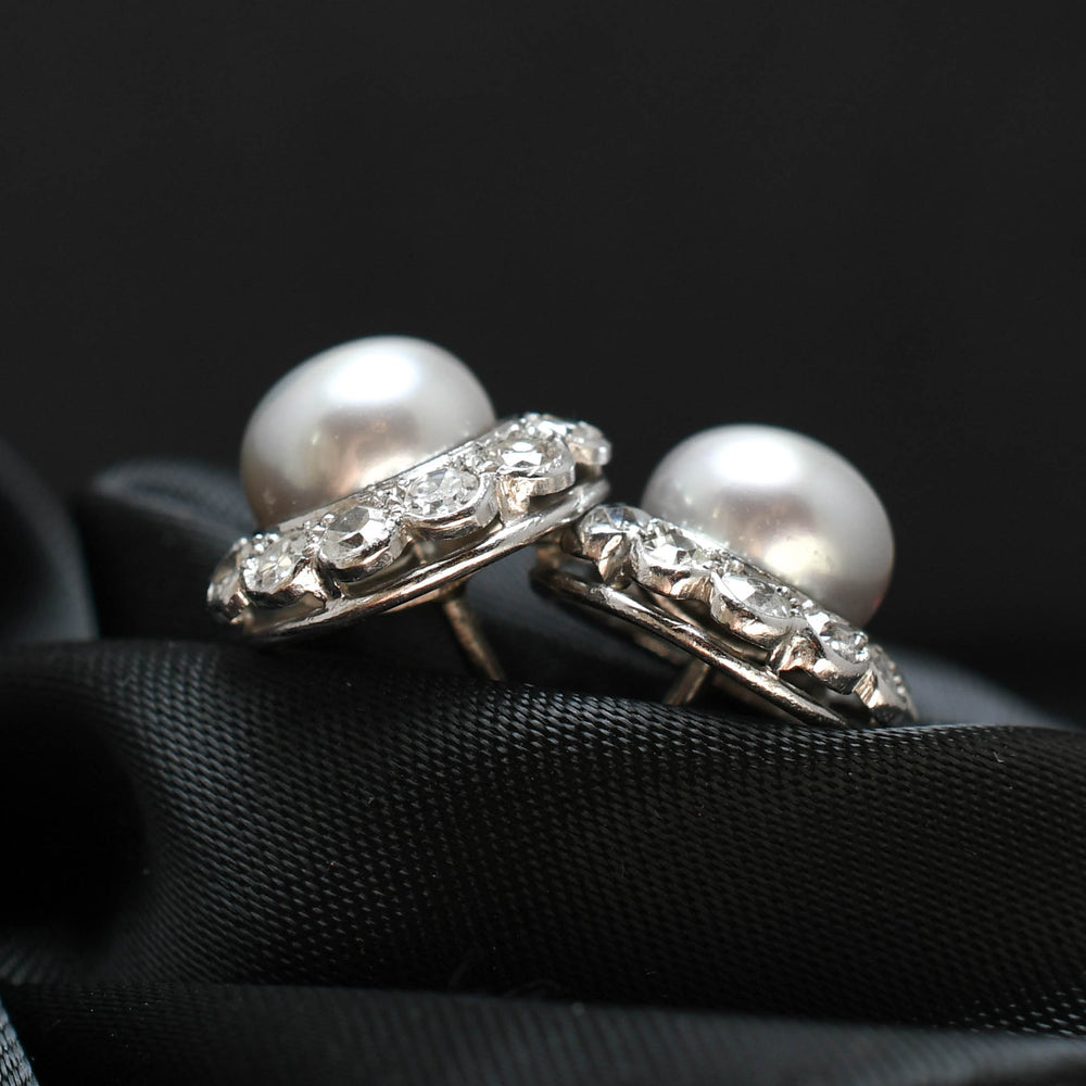 Edwardian Platinum Pearl & Diamond Cluster Earrings