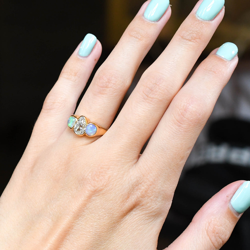 Victorian Pear Cut Diamond & Opal 3-Stone Ring