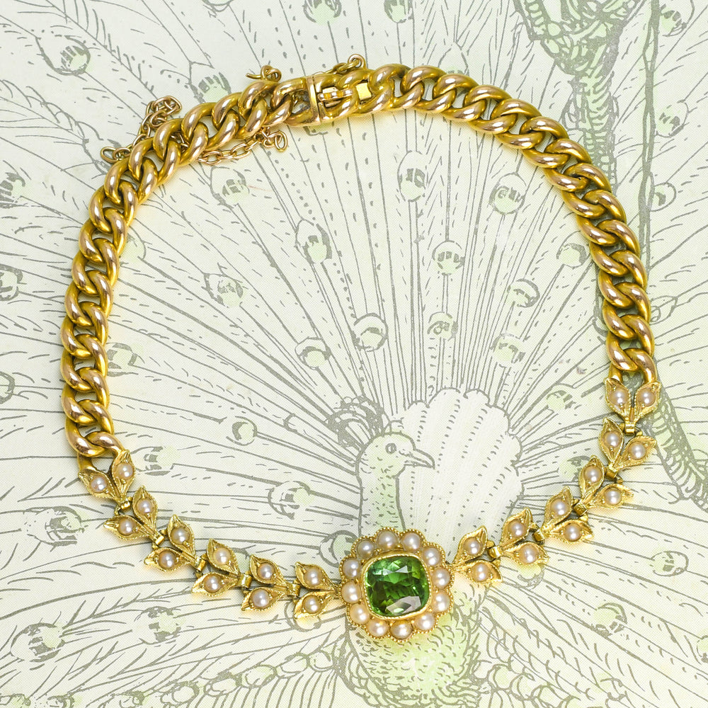 Edwardian Tourmaline & Pearl Flower Cluster Chain Bracelet