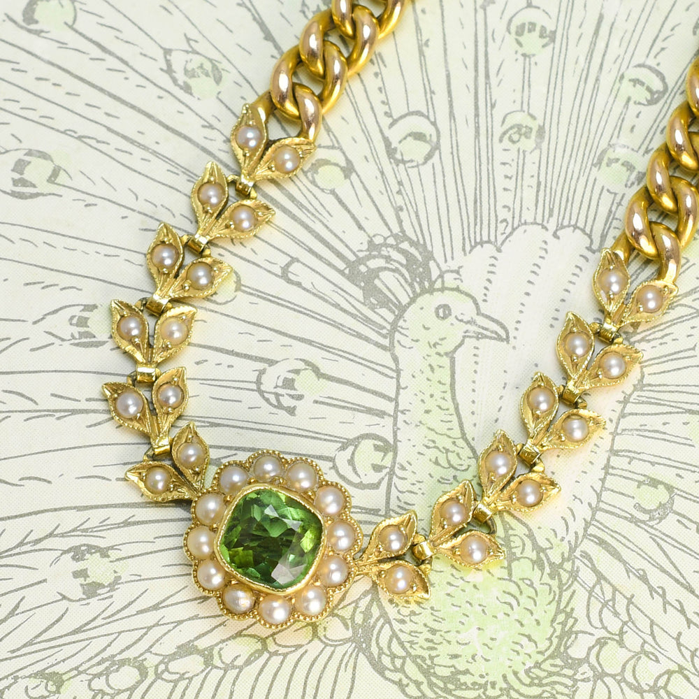 Edwardian Tourmaline & Pearl Flower Cluster Chain Bracelet