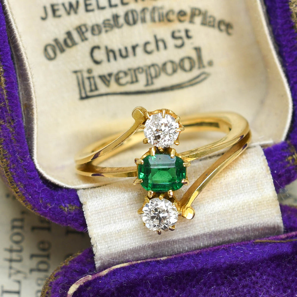 Art Nouveau Emerald & Diamond Trilogy Crossover Ring