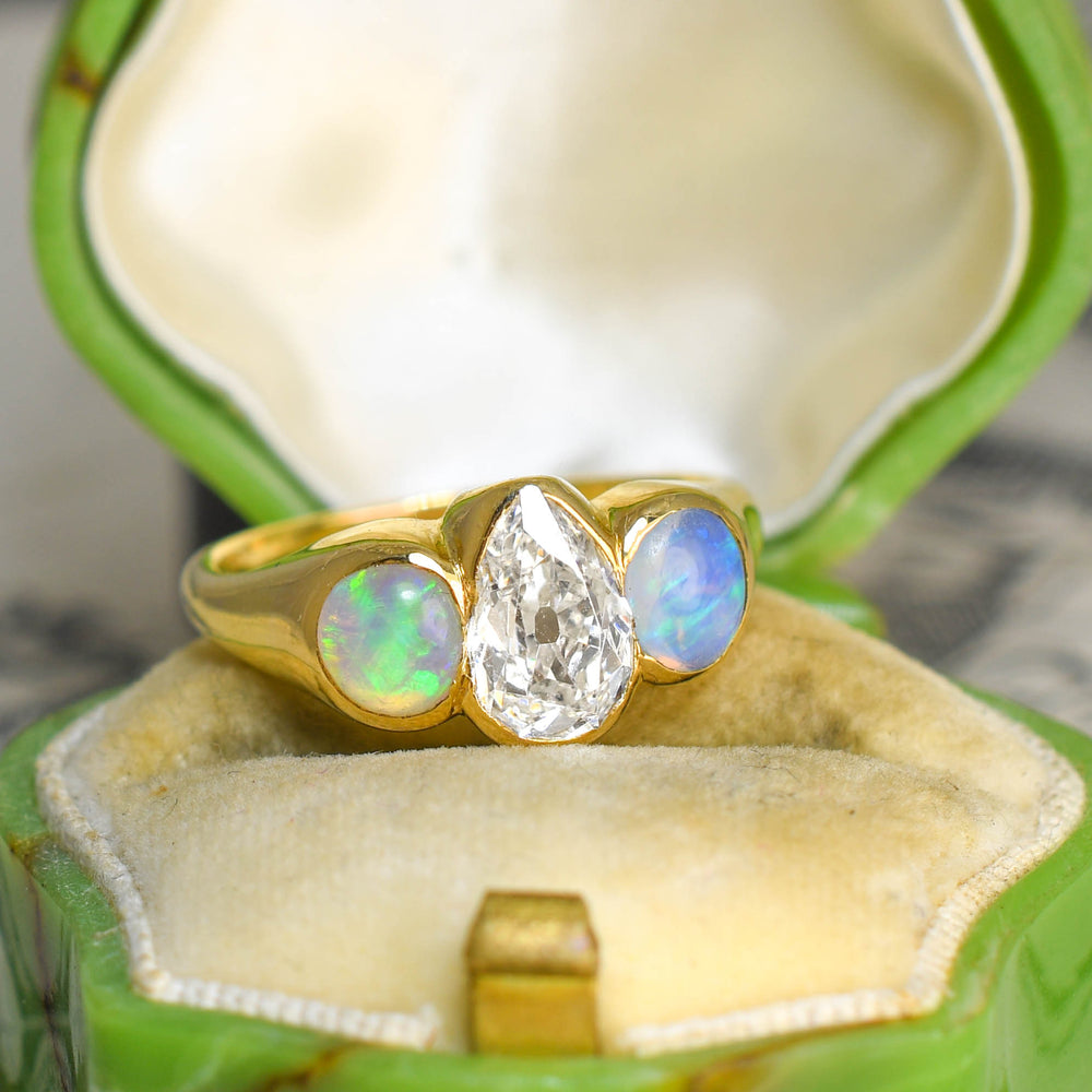Victorian Pear Cut Diamond & Opal 3-Stone Ring