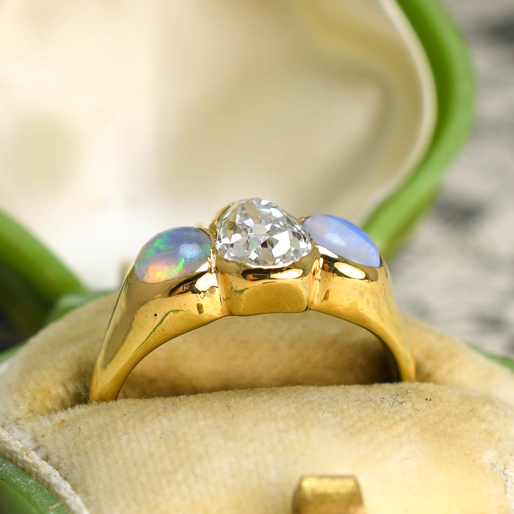 Victorian Pear Cut Diamond & Opal 3-Stone Ring