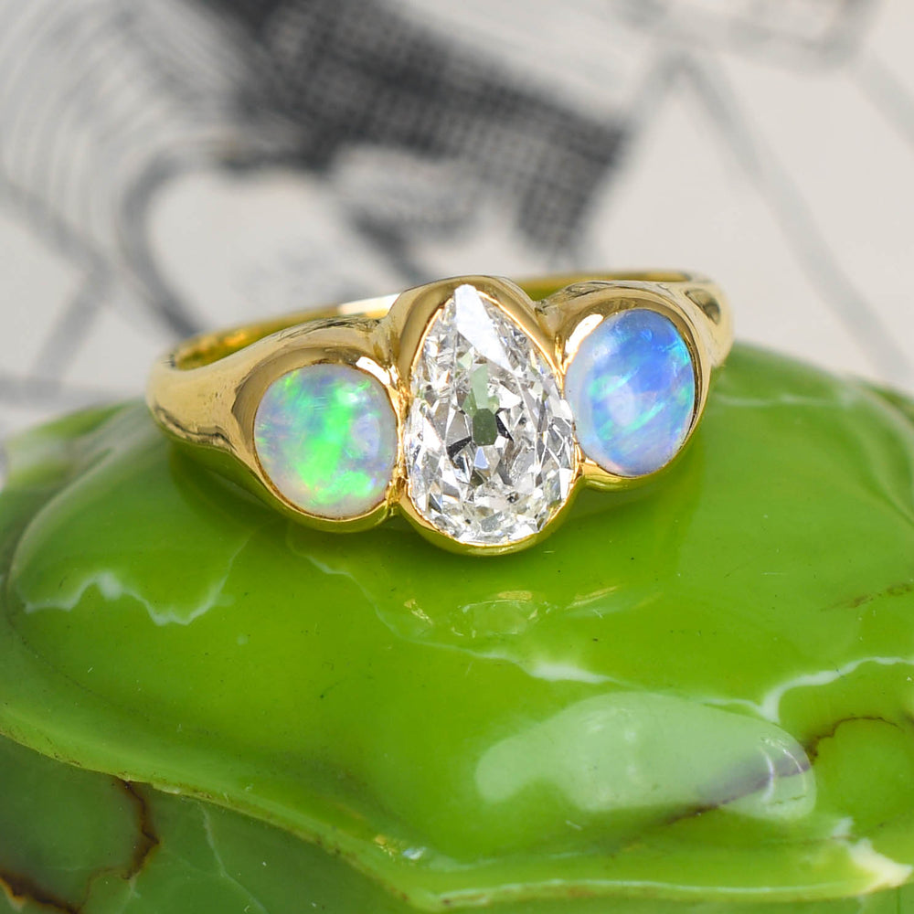 Victorian Pear Cut Diamond & Opal 3-Stone Ring