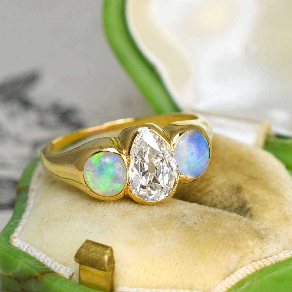 Victorian Pear Cut Diamond & Opal 3-Stone Ring