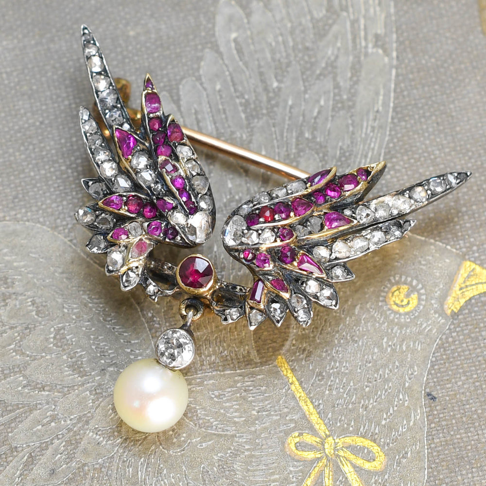 French Antique Diamond, Ruby & Pearl Wing Brooch