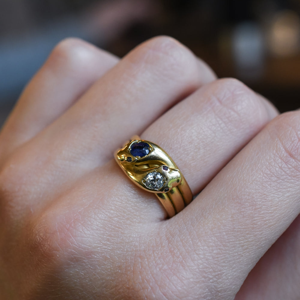 Edwardian Diamond & Sapphire Double Snake Ring