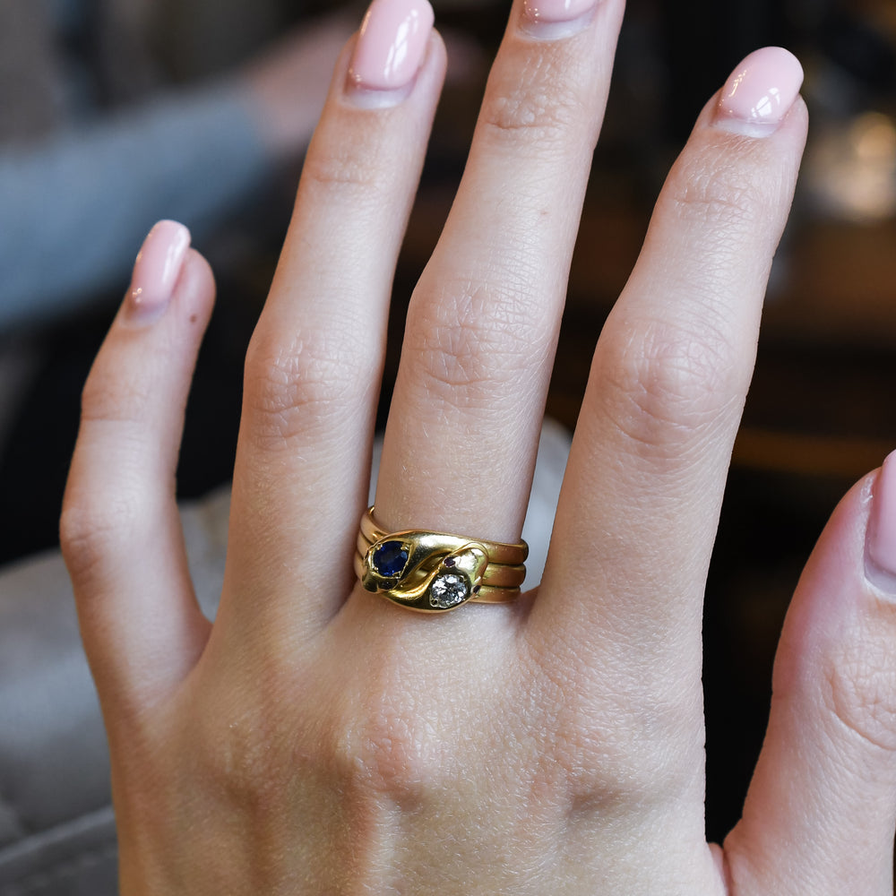 Edwardian Diamond & Sapphire Double Snake Ring