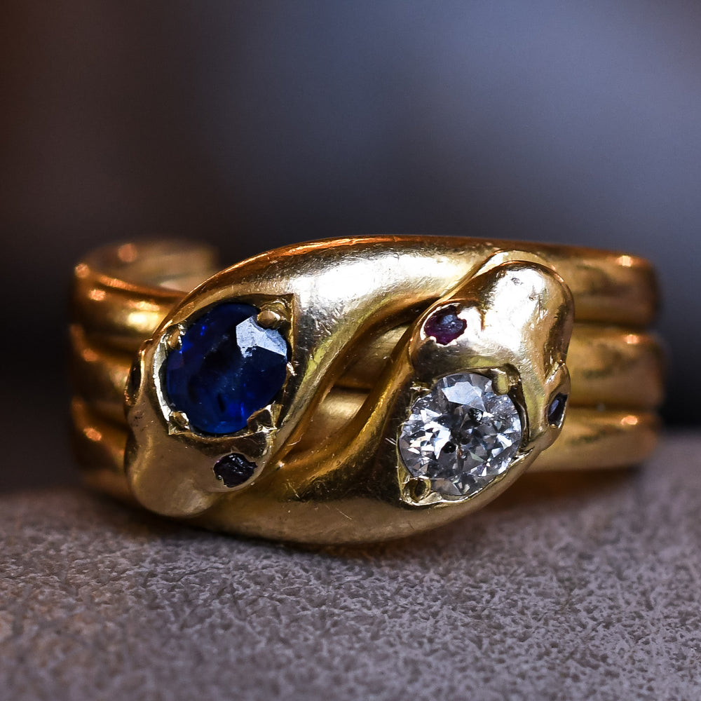 Edwardian Diamond & Sapphire Double Snake Ring