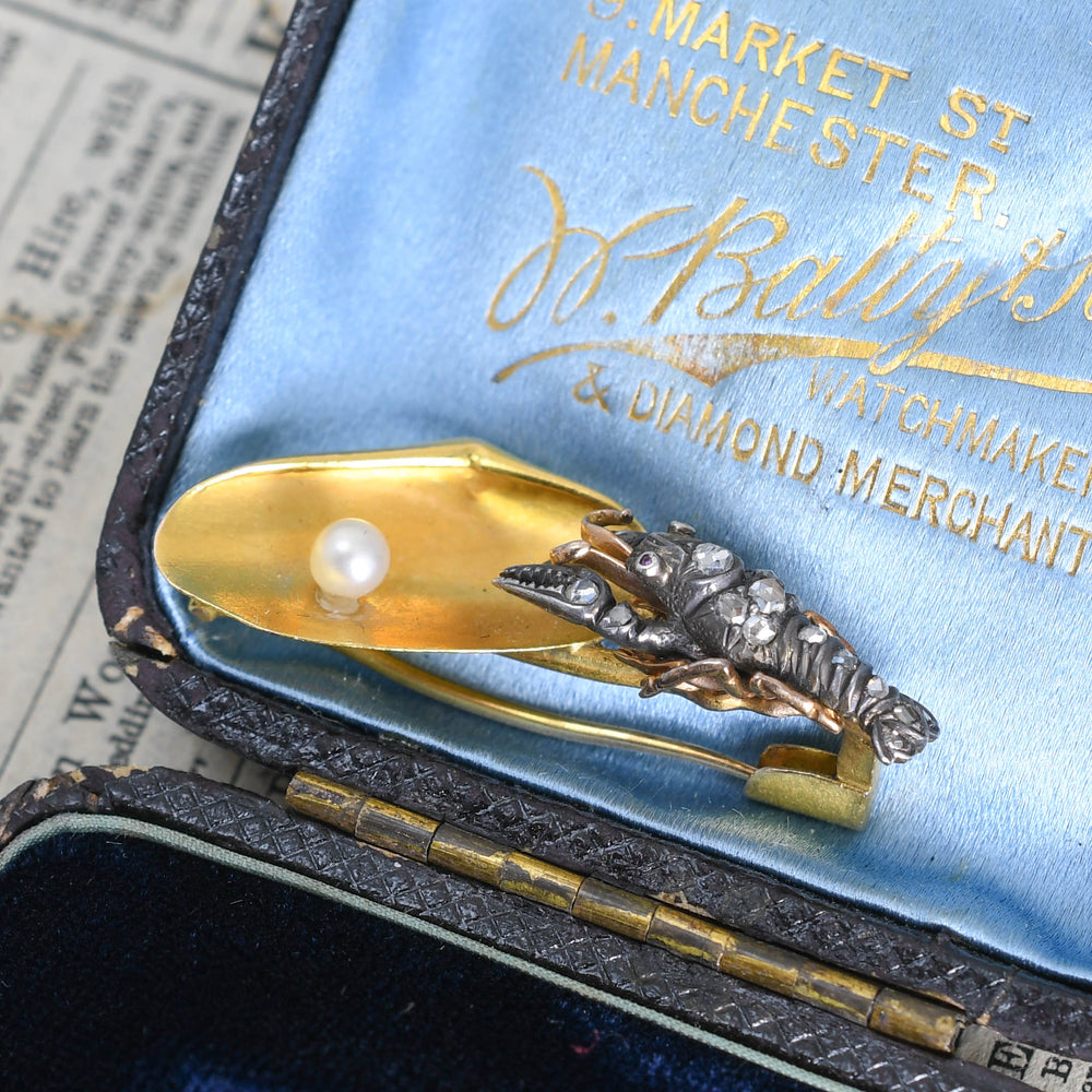 Late Victorian Rose Cut Diamond & Pearl Lobster Brooch