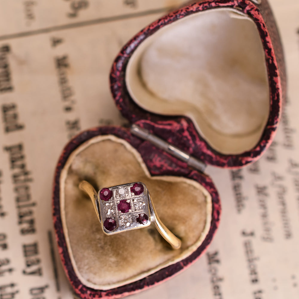 Art Deco Ruby & Diamond Square Cluster Crossover Ring