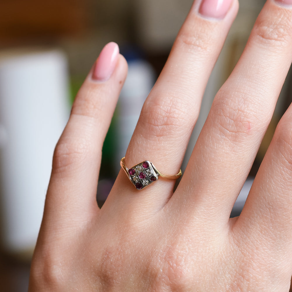 Art Deco Ruby & Diamond Square Cluster Crossover Ring
