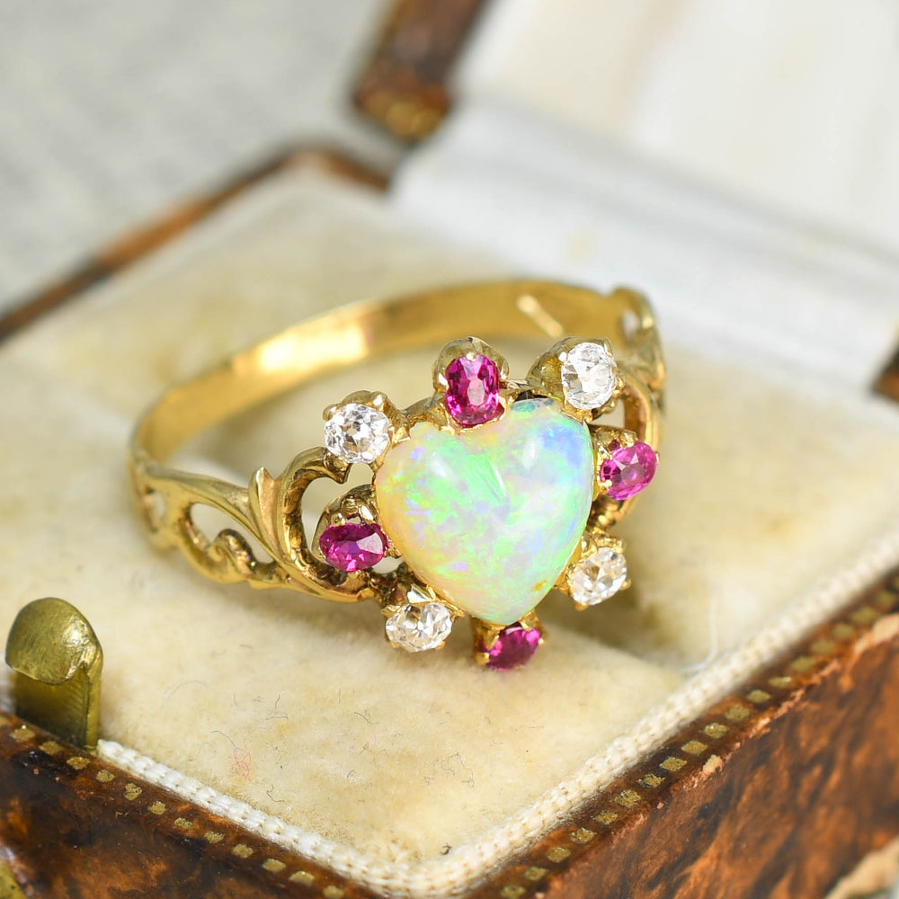 Antique Opal, Ruby & Diamond Heart Satellite Ring
