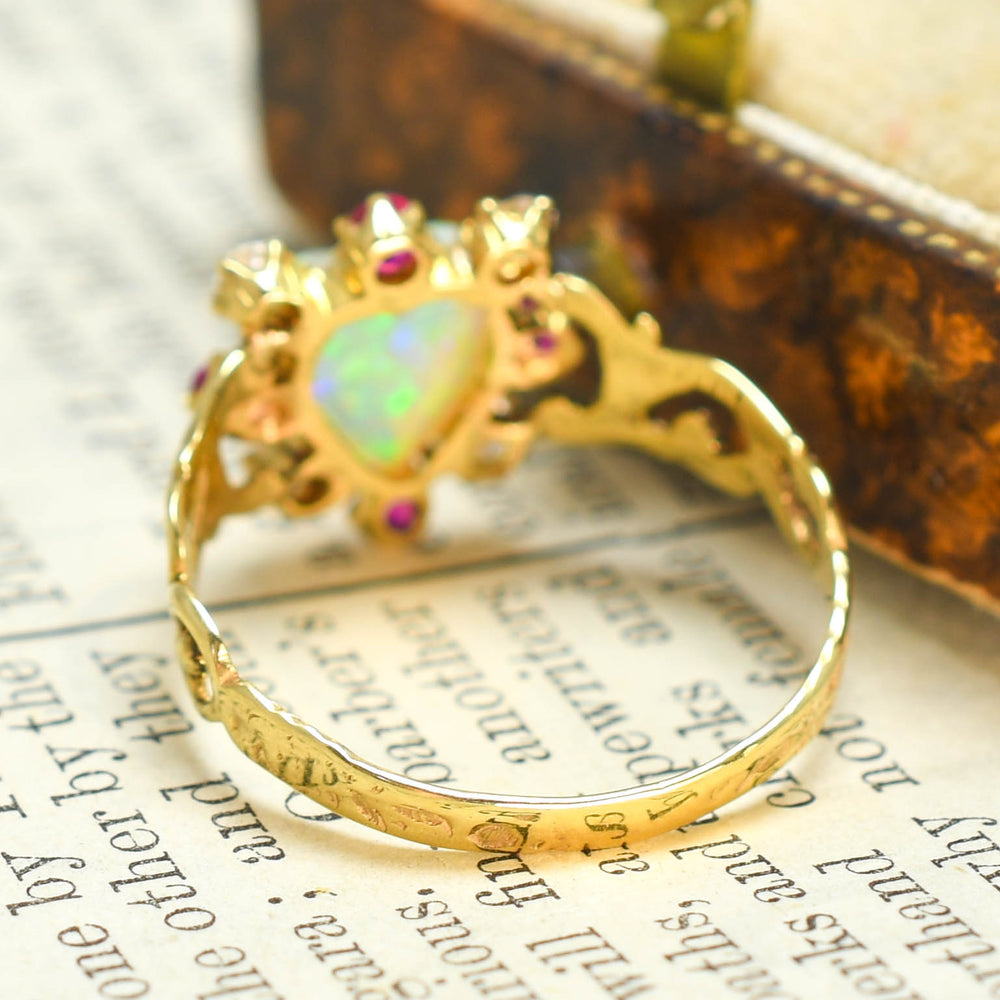 Antique Opal, Ruby & Diamond Heart Satellite Ring