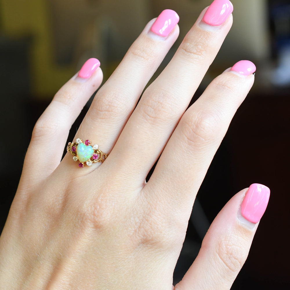 Antique Opal, Ruby & Diamond Heart Satellite Ring