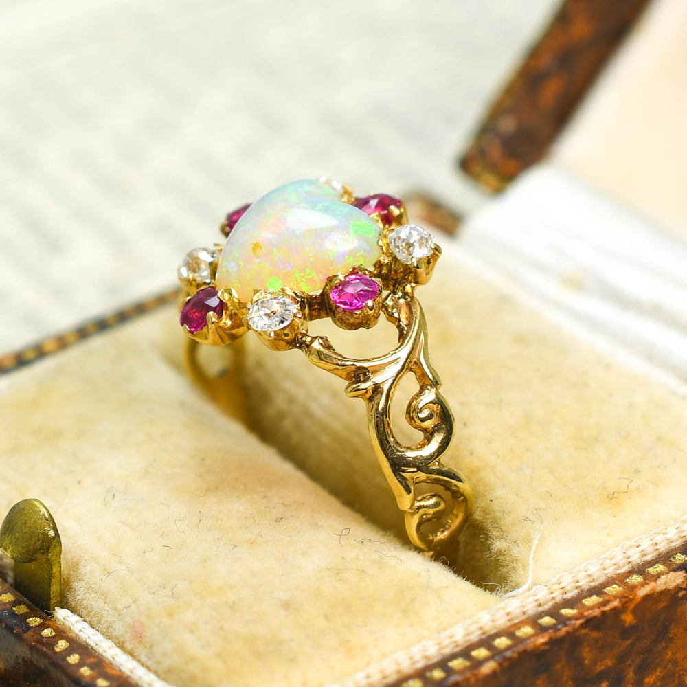 Antique Opal, Ruby & Diamond Heart Satellite Ring