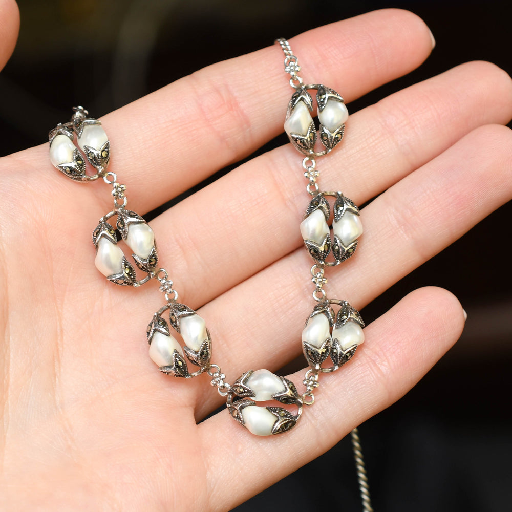 Victorian Teeth & Marcasite Silver Necklace