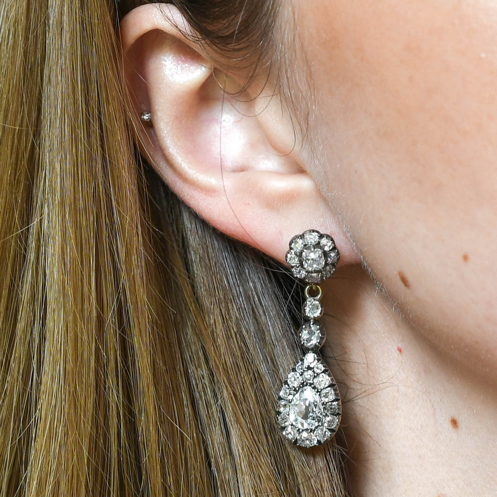 Georgian 5.4ct Diamond Cluster Drop Earrings