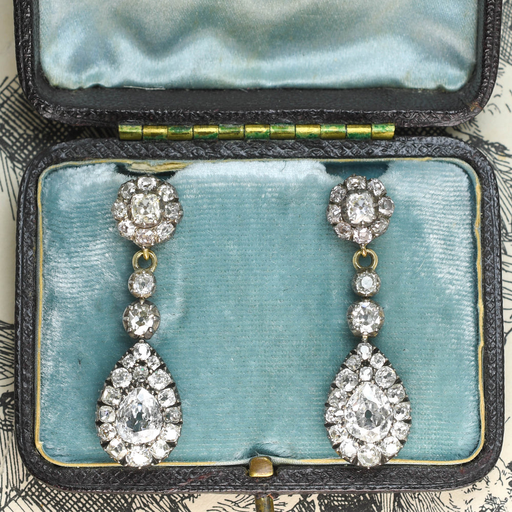 Georgian 5.4ct Diamond Cluster Drop Earrings