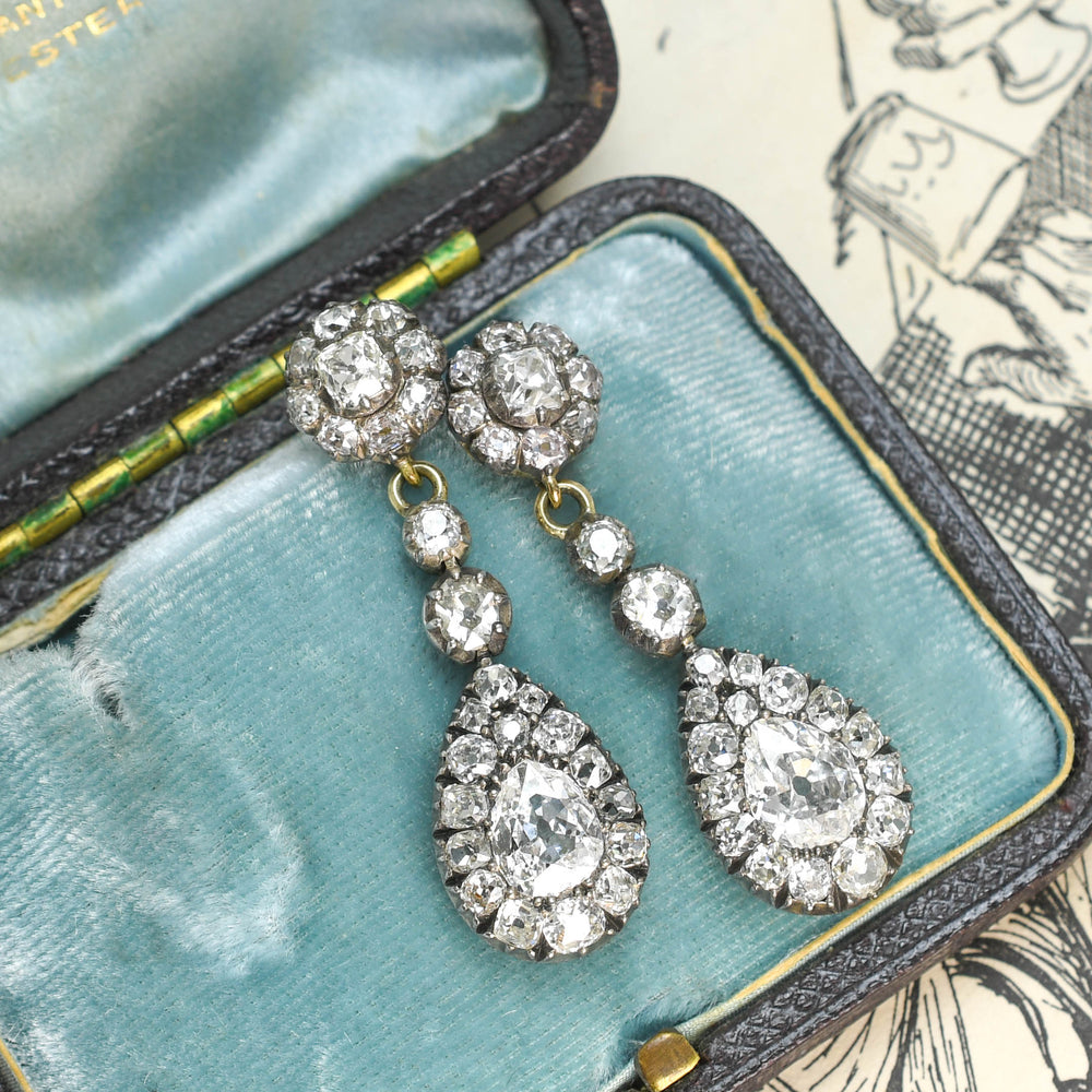 Georgian 5.4ct Diamond Cluster Drop Earrings