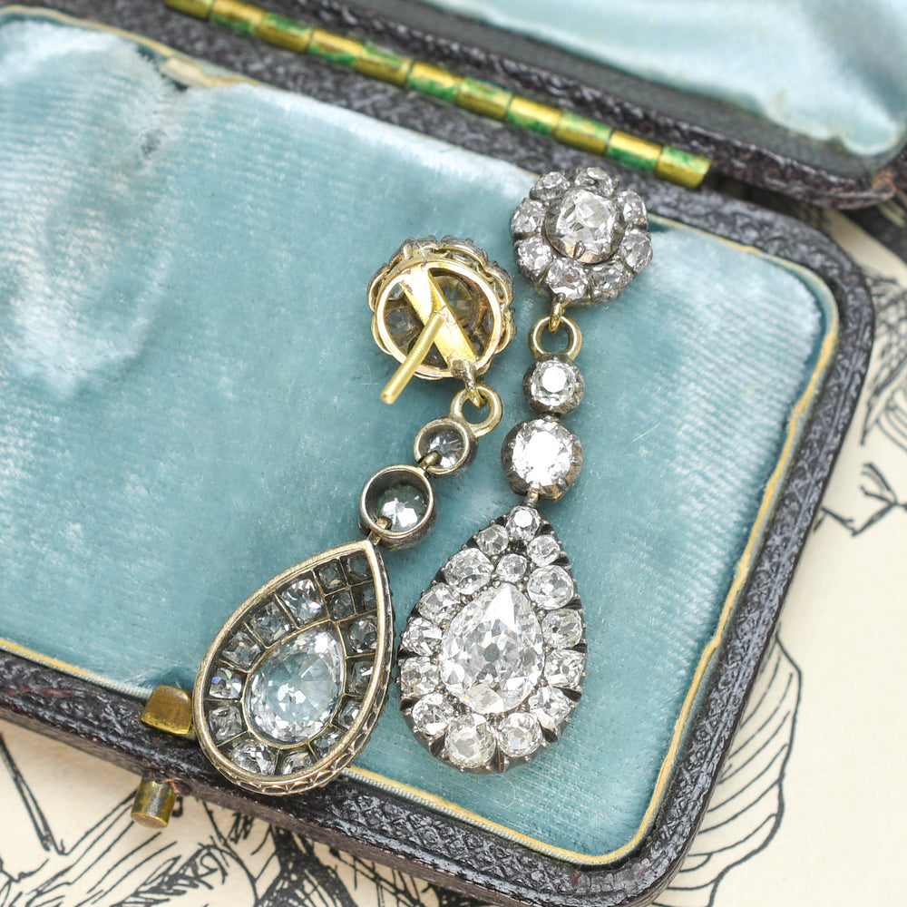 Georgian 5.4ct Diamond Cluster Drop Earrings