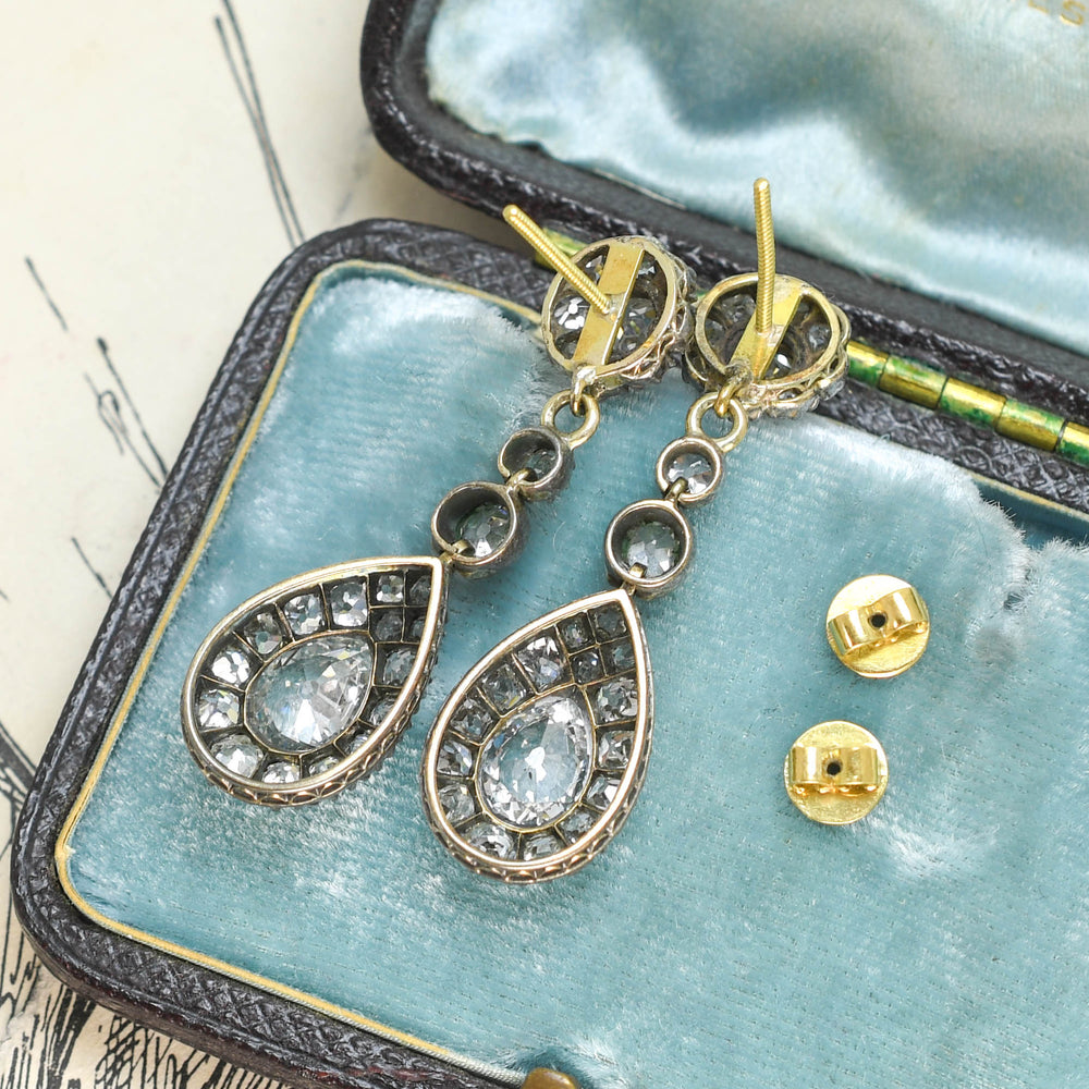 Georgian 5.4ct Diamond Cluster Drop Earrings