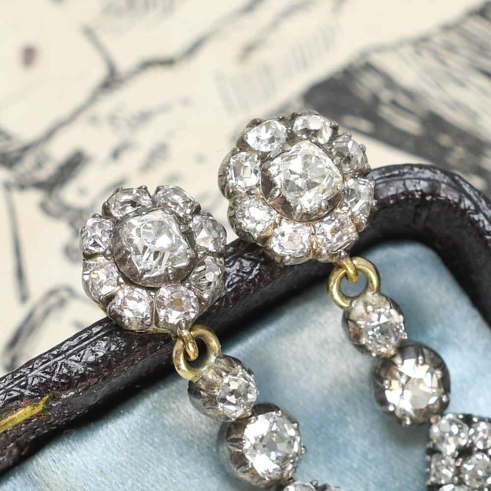 Georgian 5.4ct Diamond Cluster Drop Earrings