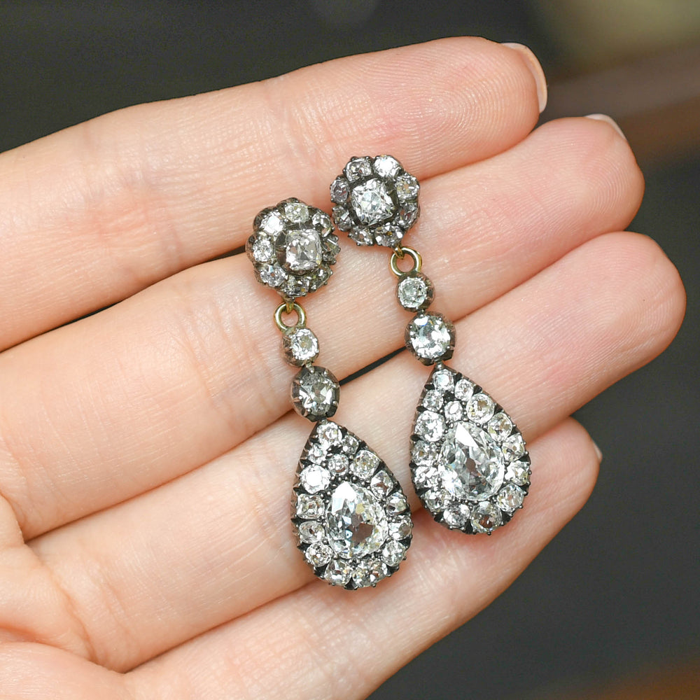 Georgian 5.4ct Diamond Cluster Drop Earrings
