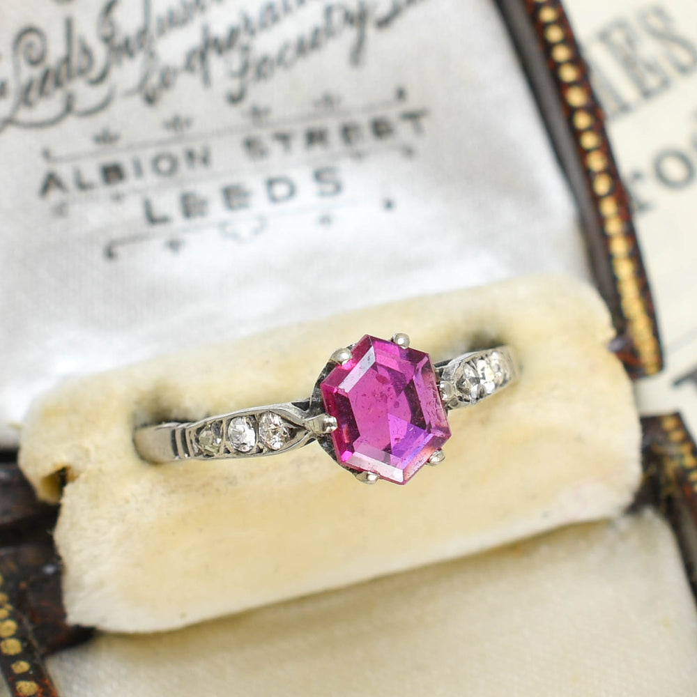 Art Deco Hexagonal Burma Ruby & Diamond Solitaire Ring