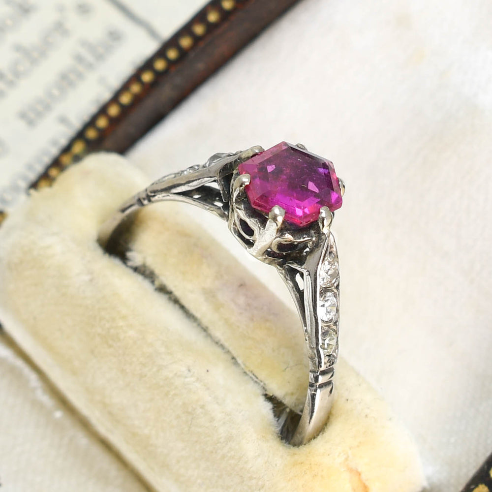 Art Deco Hexagonal Burma Ruby & Diamond Solitaire Ring