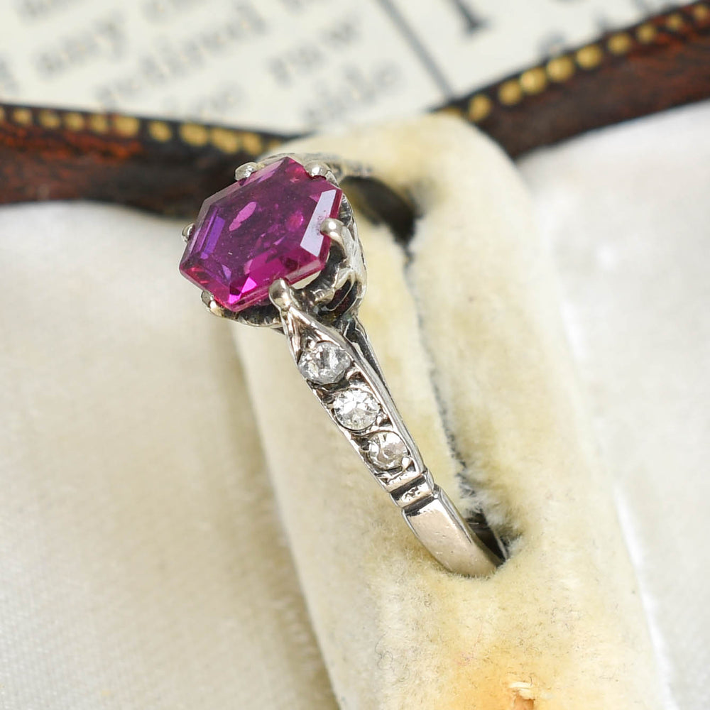 Art Deco Hexagonal Burma Ruby & Diamond Solitaire Ring