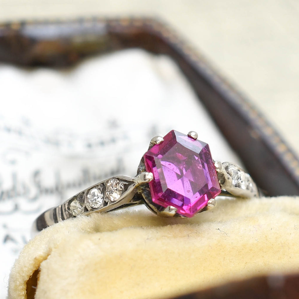 Art Deco Hexagonal Burma Ruby & Diamond Solitaire Ring