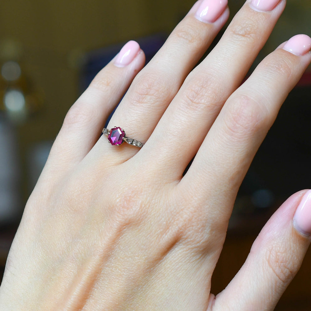 Art Deco Hexagonal Burma Ruby & Diamond Solitaire Ring