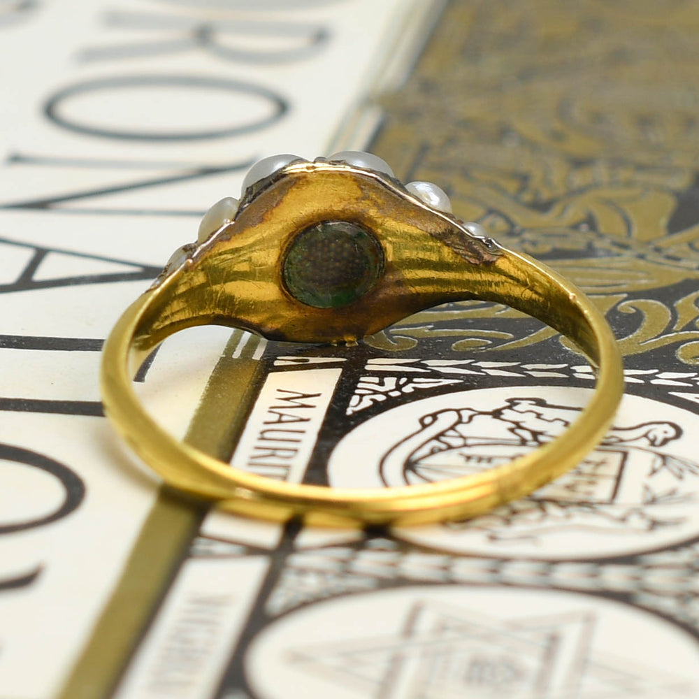 Georgian Emerald & Pearl Cluster Locket Ring