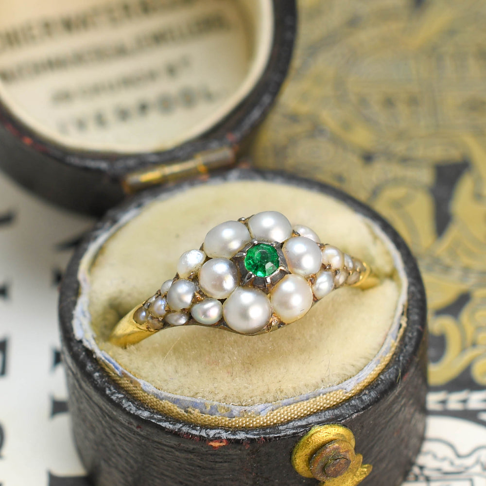 Georgian Emerald & Pearl Cluster Locket Ring