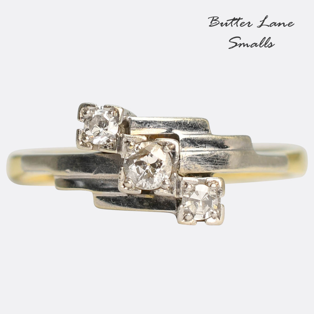 Art Deco 3-Stone Diamond Stepped Shoulder Ring