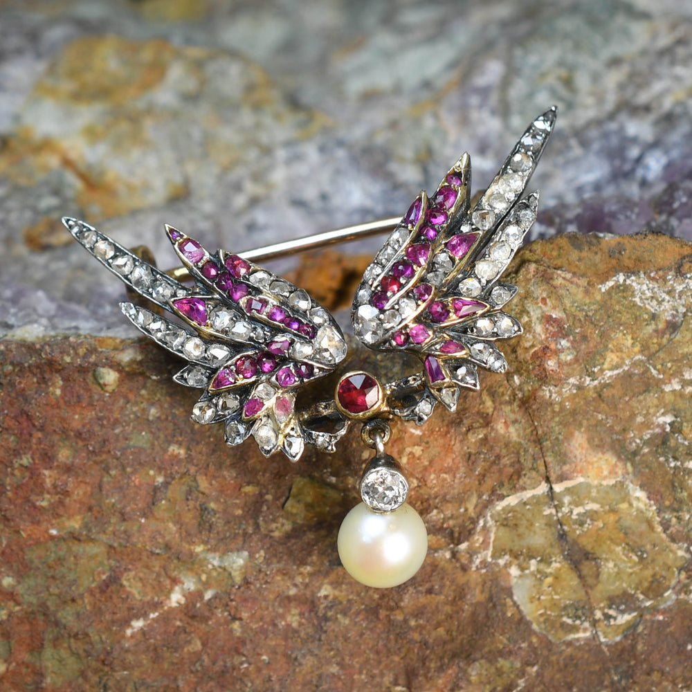 French Antique Diamond, Ruby & Pearl Wing Brooch