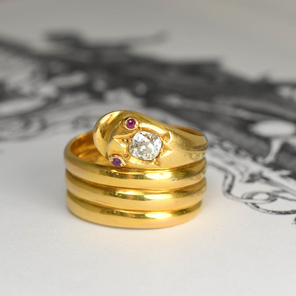 Victorian 0.75ct Diamond & Ruby Coiled Snake Ring