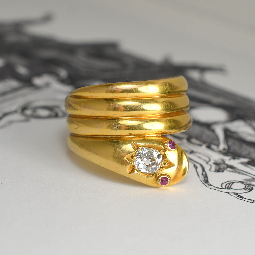Victorian 0.75ct Diamond & Ruby Coiled Snake Ring