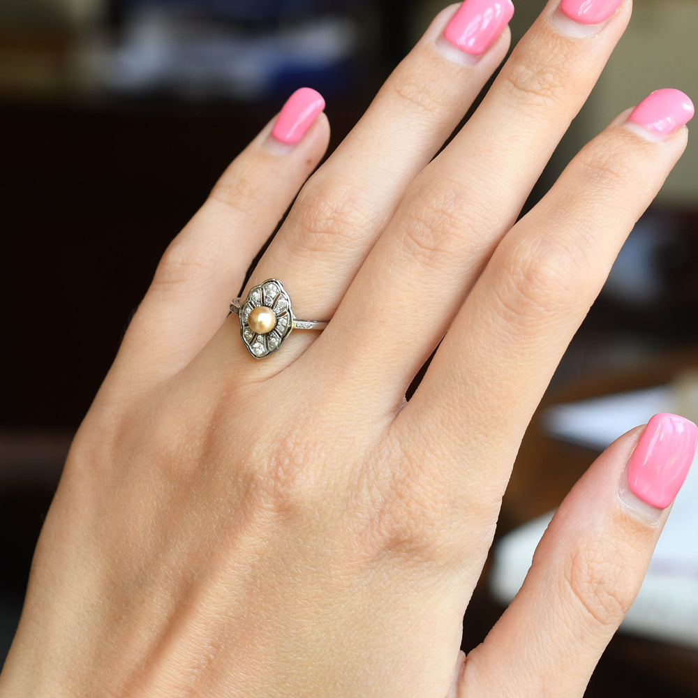 Edwardian Natural Pearl & Diamond Openwork Ring