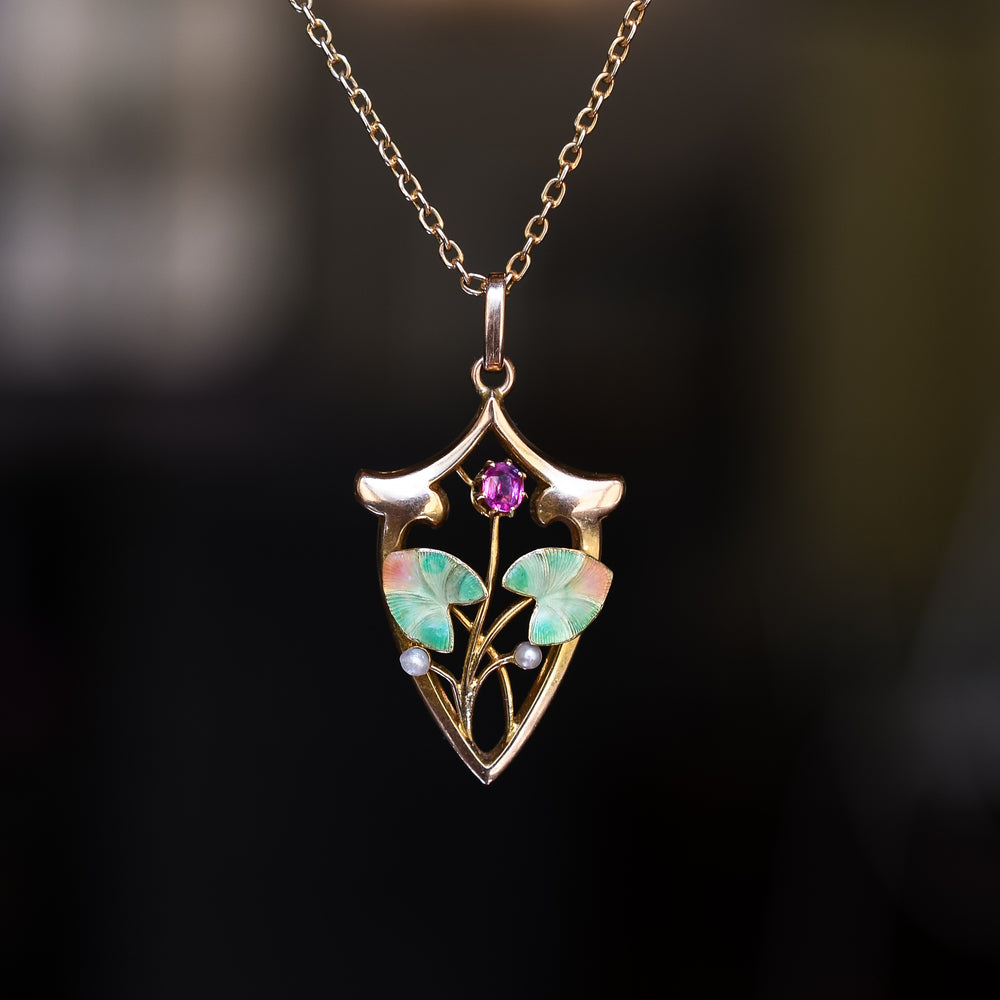 Art Nouveau Ruby & Pearl Pendant