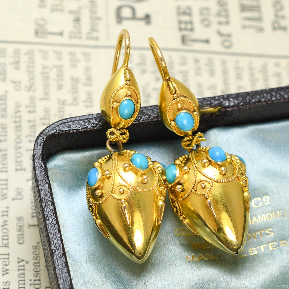 Etruscan Revival 15k Gold & Turquoise Torpedo Drop Earrings