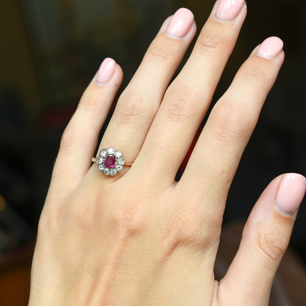 Victorian Burma Ruby & Diamond Daisy Cluster Ring
