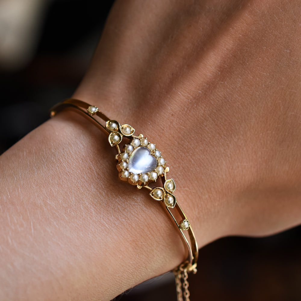 Victorian Moonstone & Pearl Heart Bangle