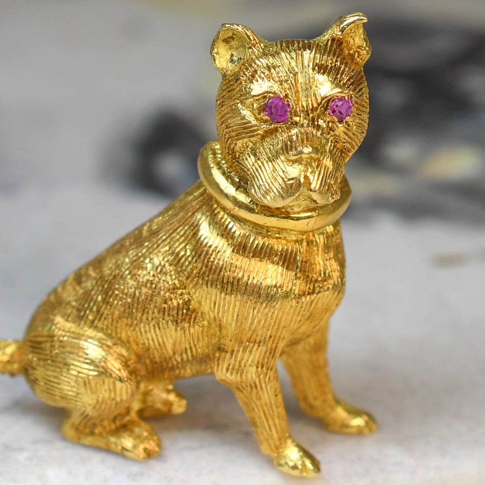 Vintage Ruby 18k Gold Dog Brooch