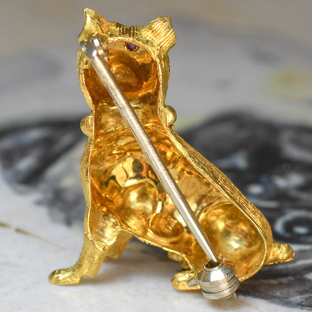 Vintage Ruby 18k Gold Dog Brooch