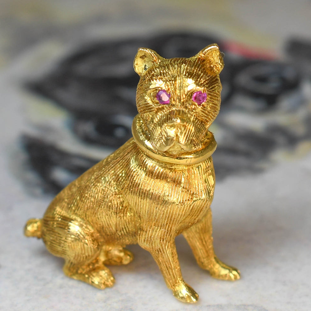 Vintage Ruby 18k Gold Dog Brooch