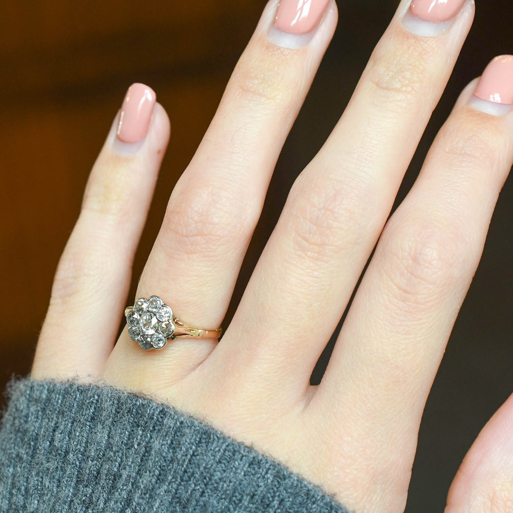 Edwardian Old Mine Cut Diamond Flower Cluster Ring