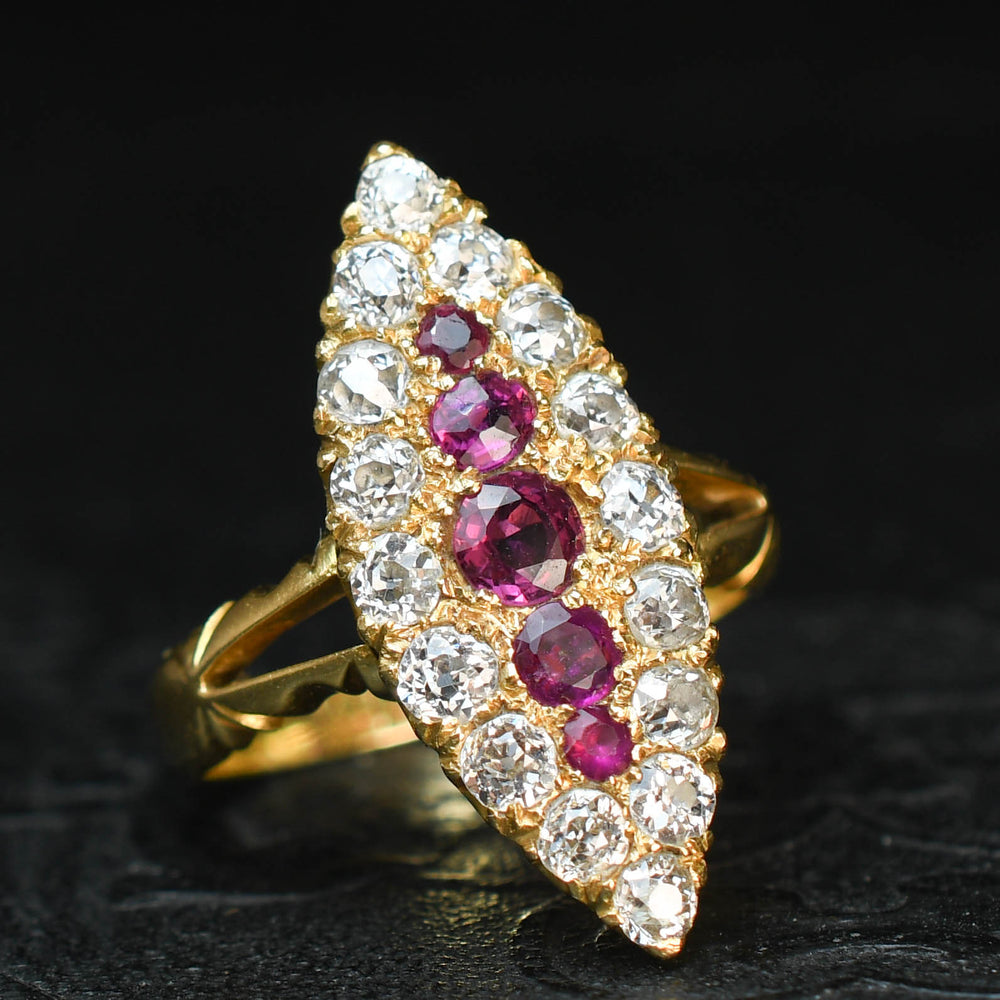 Victorian Ruby & Diamond Cluster Navette Ring