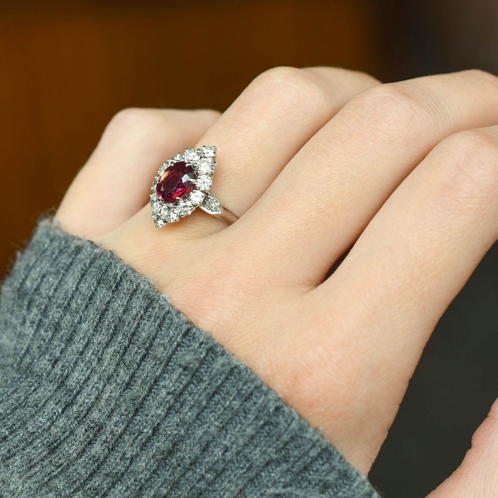 Vintage French Ruby & Diamond Marquise Cluster Ring